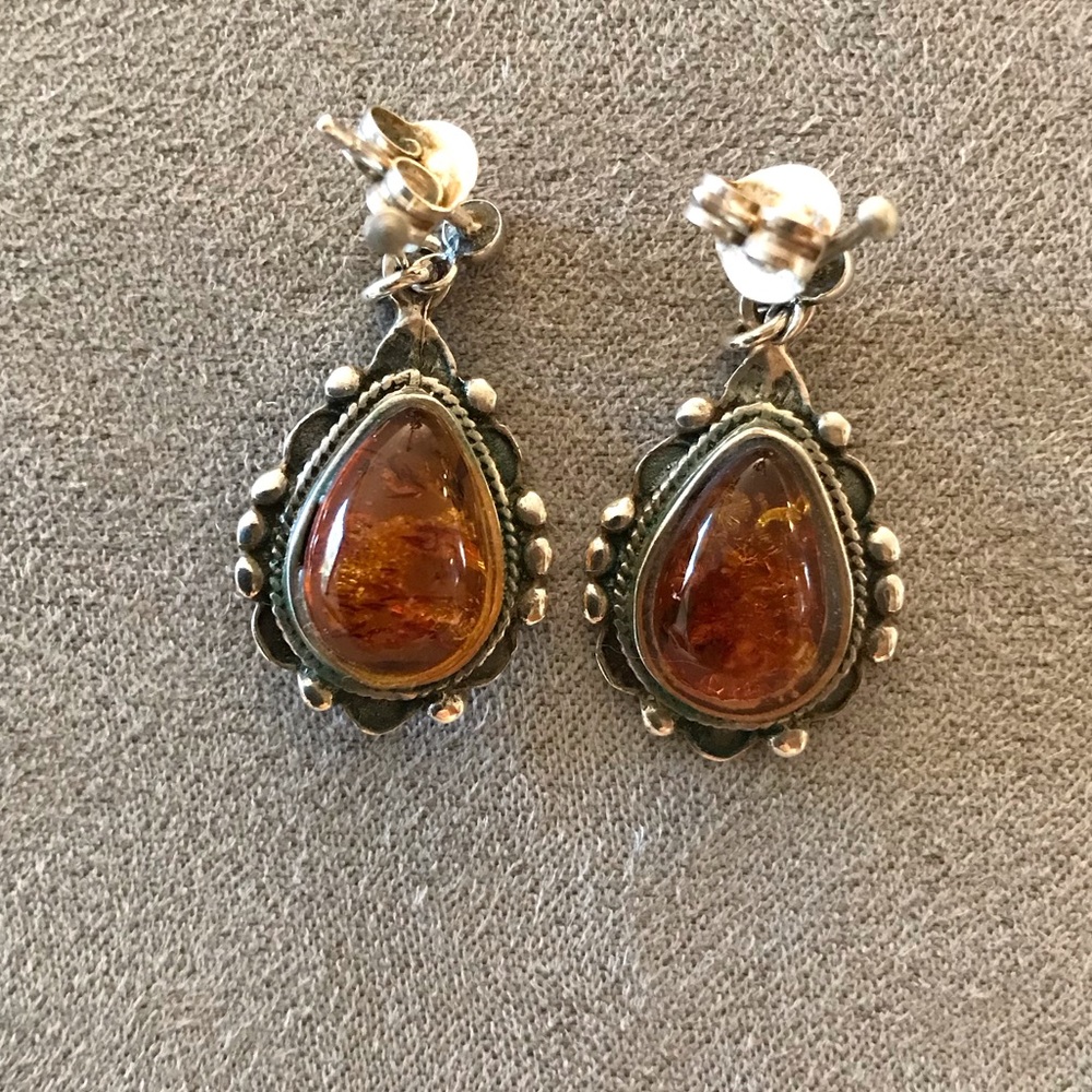 Amber and Silver Teardrop Earrings